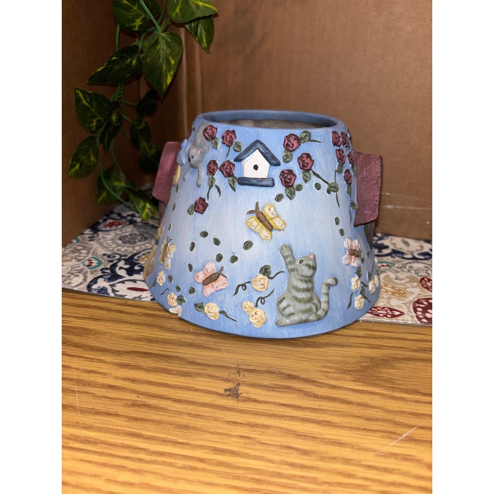 Vintage Style Ceramic Cat Garden Candle Jar Topper Shade Blue 3D Relief Cottage